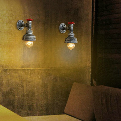 Water Pipe Metal Wall Lighting Rustic Style 1 Light Restaurant Wall Mounted Lamp with Red Valve in Bronze/Antique Brass Aged Silver Clearhalo 'Art deco wall lights' 'Cast Iron' 'Glass' 'Industrial wall lights' 'Industrial' 'Middle century wall lights' 'Modern' 'Rustic wall lights' 'Tiffany' 'Traditional wall lights' 'Wall Lamps & Sconces' 'Wall Lights' Lighting' 49889