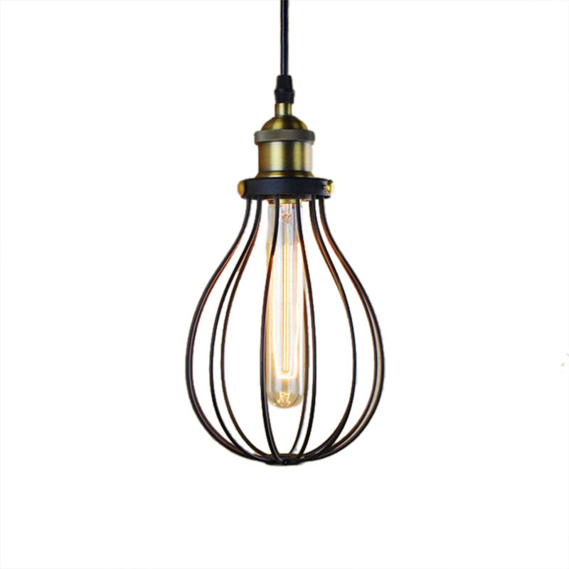 Metallic Black/Brass Pendant Ceiling Light Wire Cage 1 Light Vintage Industrial Ceiling Light with Bulb Shade Clearhalo 'Ceiling Lights' 'Modern Pendants' 'Modern' 'Pendant Lights' 'Pendants' Lighting' 4989