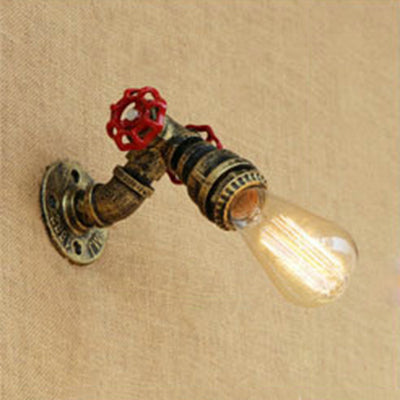 1 Head Open Bulb Wall Lamp Rustic Stylish Bronze/Antique Brass Metal Wall Sconce with Red Valve Decoration Clearhalo 'Art deco wall lights' 'Cast Iron' 'Glass' 'Industrial wall lights' 'Industrial' 'Middle century wall lights' 'Modern' 'Rustic wall lights' 'Tiffany' 'Traditional wall lights' 'Wall Lamps & Sconces' 'Wall Lights' Lighting' 49963