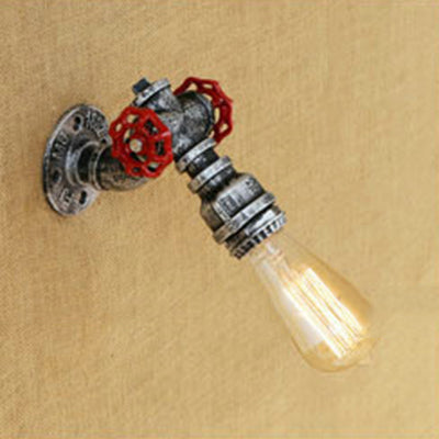 1 Head Open Bulb Wall Lamp Rustic Stylish Bronze/Antique Brass Metal Wall Sconce with Red Valve Decoration Clearhalo 'Art deco wall lights' 'Cast Iron' 'Glass' 'Industrial wall lights' 'Industrial' 'Middle century wall lights' 'Modern' 'Rustic wall lights' 'Tiffany' 'Traditional wall lights' 'Wall Lamps & Sconces' 'Wall Lights' Lighting' 49970