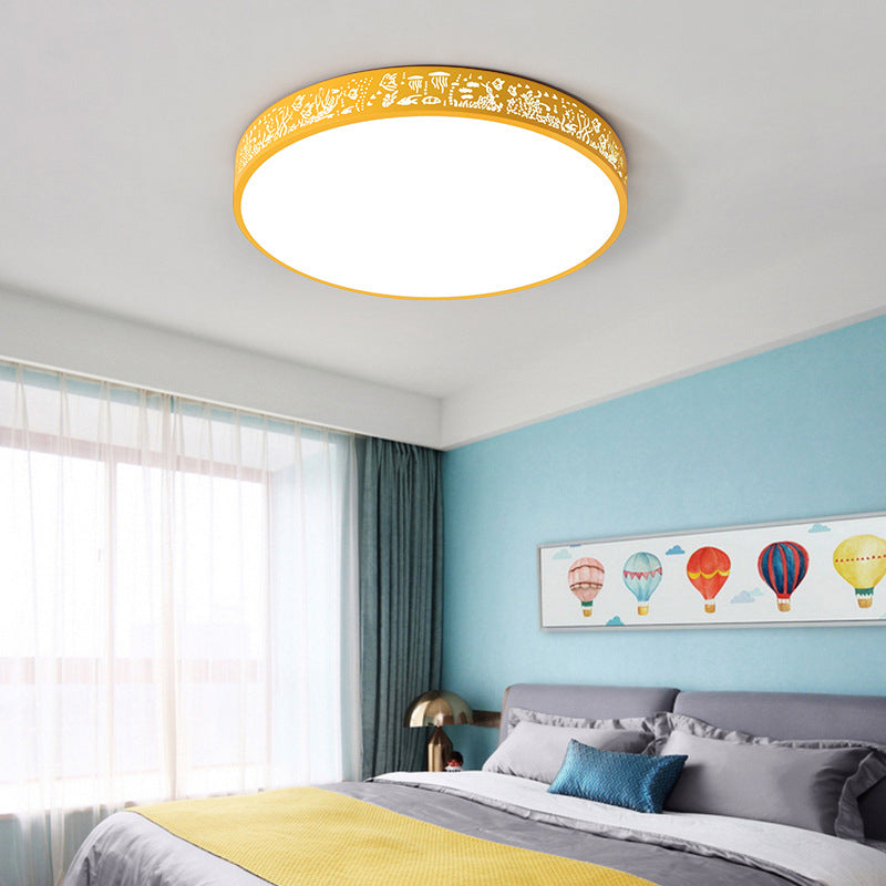 Slim Drum LED Flush Ceiling Light with City View Macaron Loft Acrylic Ceiling Lamp for Nursing Room Yellow Clearhalo 'Ceiling Lights' 'Close To Ceiling Lights' 'Close to ceiling' 'Flush mount' Lighting' 49989