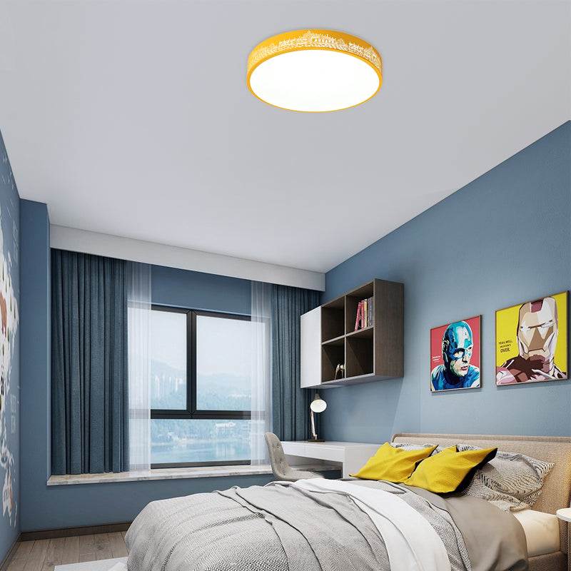 Slim Drum LED Flush Ceiling Light with City View Macaron Loft Acrylic Ceiling Lamp for Nursing Room Clearhalo 'Ceiling Lights' 'Close To Ceiling Lights' 'Close to ceiling' 'Flush mount' Lighting' 49990