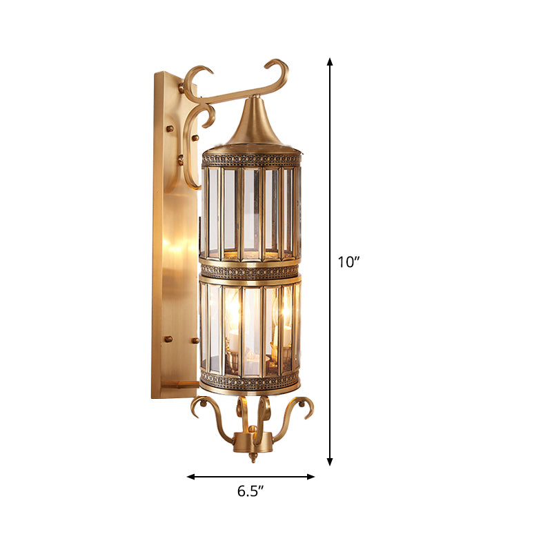 3 Lights Cylindrical Wall Sconce Minimalist Polished Brass/Antique Brass Clear/Frosted Glass Wall Light for Porch Clearhalo 'Wall Lamps & Sconces' 'Wall Lights' Lighting' 5