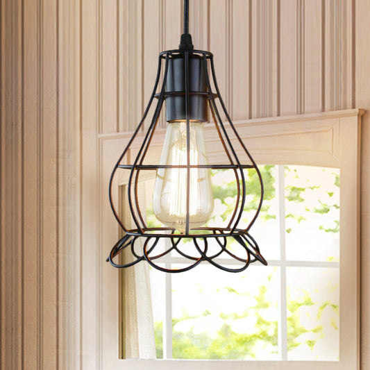 1 Head Pendant Lighting with Flower Cage Shade Metal Industrial Bedroom Height Adjustable Ceiling Light Fixture Black 6" Clearhalo 'Ceiling Lights' 'Modern Pendants' 'Modern' 'Pendant Lights' 'Pendants' Lighting' 5017