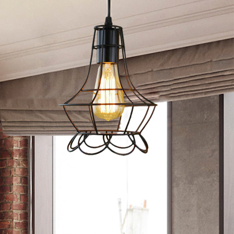 1 Head Pendant Lighting with Flower Cage Shade Metal Industrial Bedroom Height Adjustable Ceiling Light Fixture Black 7" Clearhalo 'Ceiling Lights' 'Modern Pendants' 'Modern' 'Pendant Lights' 'Pendants' Lighting' 5021