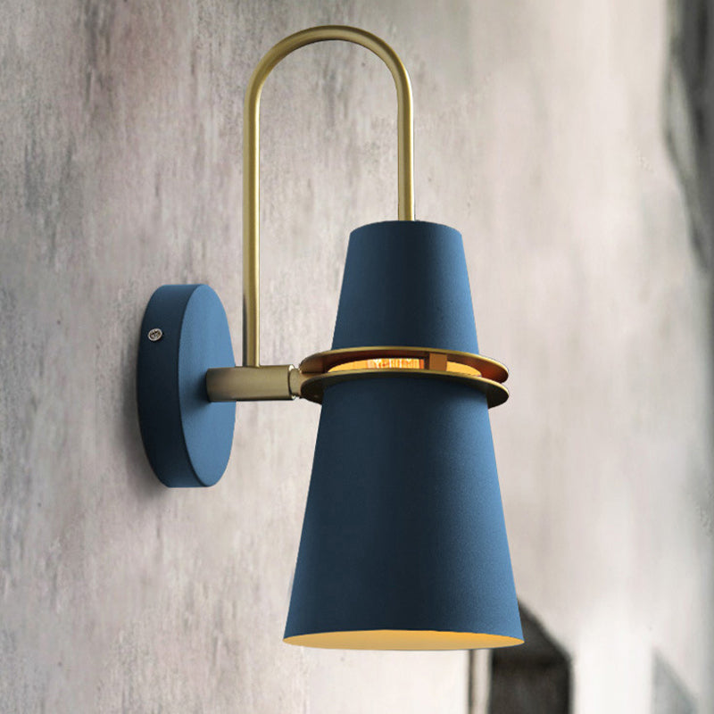 Metallic Flared Wall Sconce Light Contemporary 1 Head Blue/Black Wall Mount Lamp Fixture with Curved Arm Clearhalo 'Cast Iron' 'Glass' 'Industrial' 'Modern wall lights' 'Modern' 'Tiffany' 'Traditional wall lights' 'Wall Lamps & Sconces' 'Wall Lights' Lighting' 505187