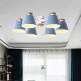 Modern Nordic 6 Heads Flushmount with Metal Shade Yellow/Blue Barrel Semi Flush Ceiling Lamp Blue Clearhalo 'Ceiling Lights' 'Close To Ceiling Lights' 'Close to ceiling' 'Semi-flushmount' Lighting' 505367