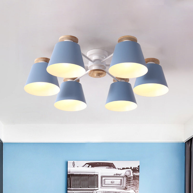 Modern Nordic 6 Heads Flushmount with Metal Shade Yellow/Blue Barrel Semi Flush Ceiling Lamp Clearhalo 'Ceiling Lights' 'Close To Ceiling Lights' 'Close to ceiling' 'Semi-flushmount' Lighting' 505368