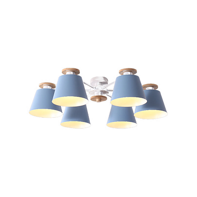 Modern Nordic 6 Heads Flushmount with Metal Shade Yellow/Blue Barrel Semi Flush Ceiling Lamp Clearhalo 'Ceiling Lights' 'Close To Ceiling Lights' 'Close to ceiling' 'Semi-flushmount' Lighting' 505369