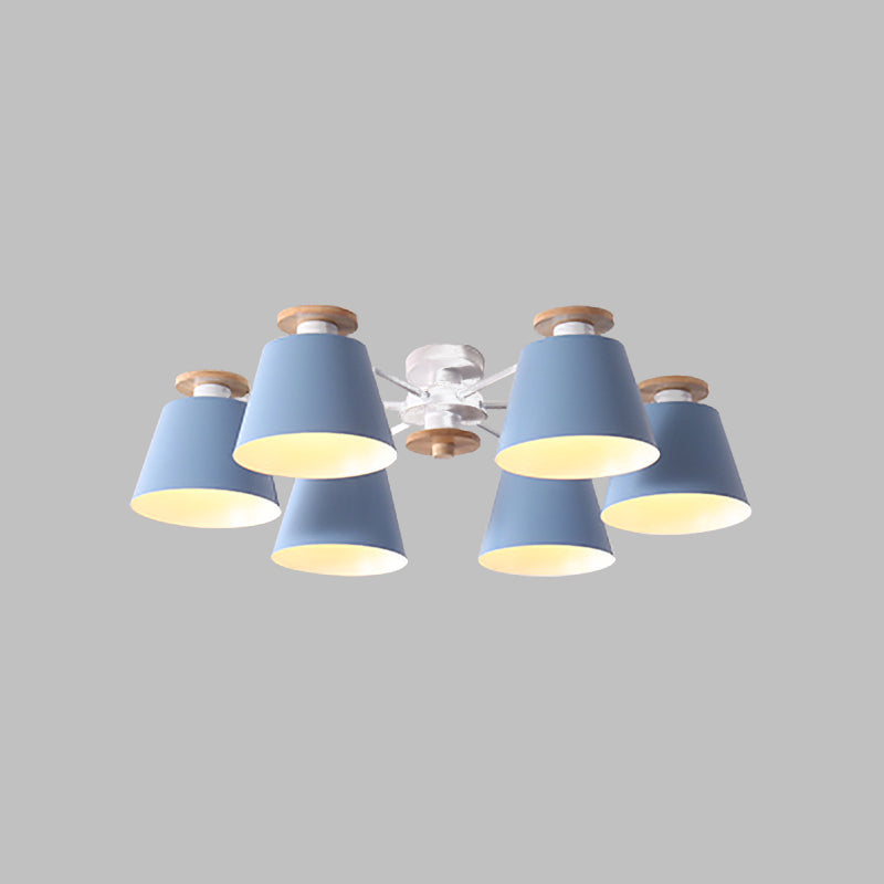 Modern Nordic 6 Heads Flushmount with Metal Shade Yellow/Blue Barrel Semi Flush Ceiling Lamp Clearhalo 'Ceiling Lights' 'Close To Ceiling Lights' 'Close to ceiling' 'Semi-flushmount' Lighting' 505370