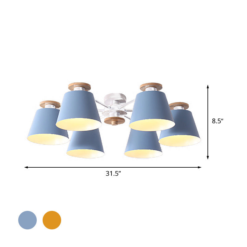 Modern Nordic 6 Heads Flushmount with Metal Shade Yellow/Blue Barrel Semi Flush Ceiling Lamp Clearhalo 'Ceiling Lights' 'Close To Ceiling Lights' 'Close to ceiling' 'Semi-flushmount' Lighting' 505371