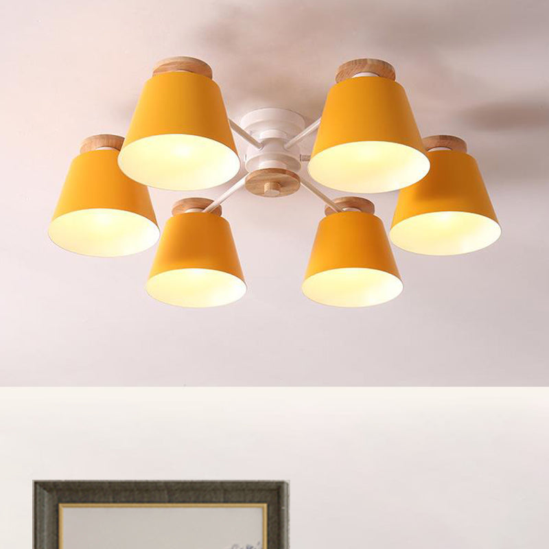 Modern Nordic 6 Heads Flushmount with Metal Shade Yellow/Blue Barrel Semi Flush Ceiling Lamp Yellow Clearhalo 'Ceiling Lights' 'Close To Ceiling Lights' 'Close to ceiling' 'Semi-flushmount' Lighting' 505372