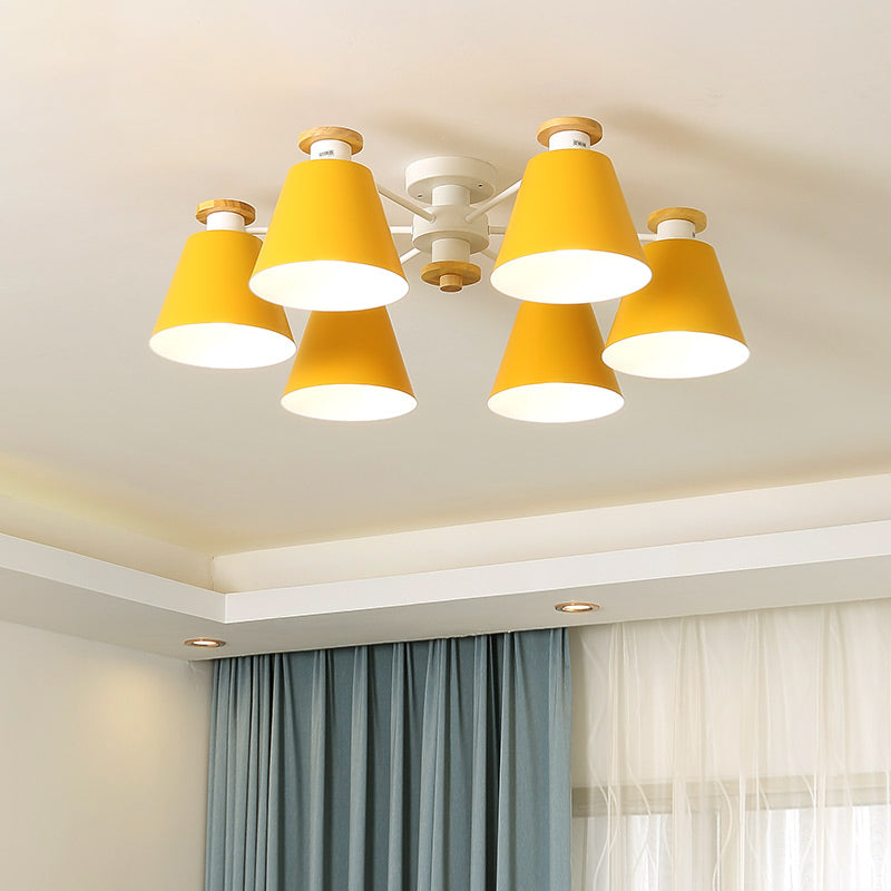 Modern Nordic 6 Heads Flushmount with Metal Shade Yellow/Blue Barrel Semi Flush Ceiling Lamp Clearhalo 'Ceiling Lights' 'Close To Ceiling Lights' 'Close to ceiling' 'Semi-flushmount' Lighting' 505373