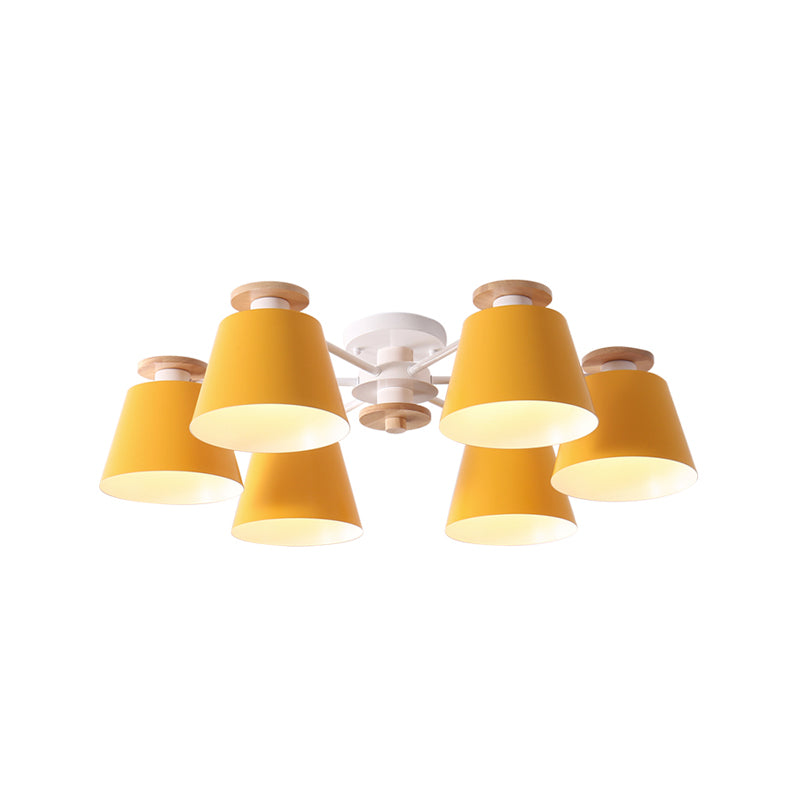 Modern Nordic 6 Heads Flushmount with Metal Shade Yellow/Blue Barrel Semi Flush Ceiling Lamp Clearhalo 'Ceiling Lights' 'Close To Ceiling Lights' 'Close to ceiling' 'Semi-flushmount' Lighting' 505374