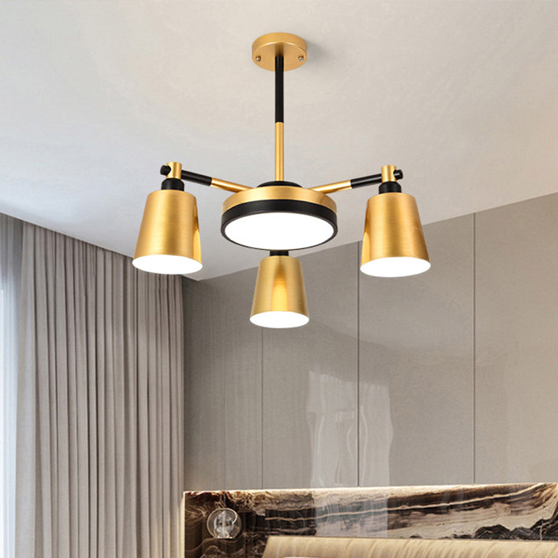 Modernist Barrel and Round Chandelier Iron 3/5/6 Lights Living Room Ceiling Hang Fixture in Gold 3 Gold Clearhalo 'Ceiling Lights' 'Chandeliers' 'Modern Chandeliers' 'Modern' Lighting' 505850