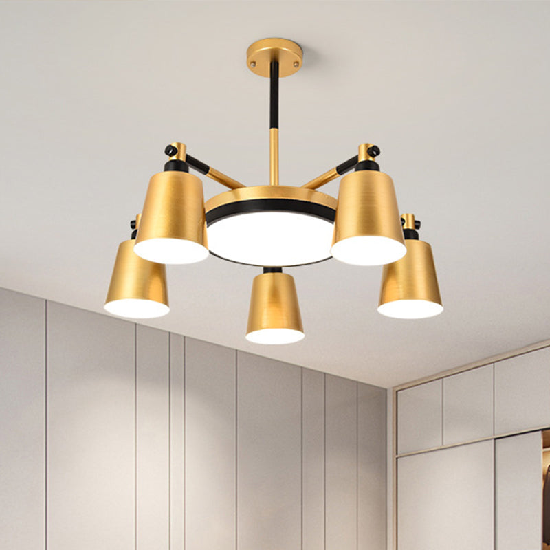 Modernist Barrel and Round Chandelier Iron 3/5/6 Lights Living Room Ceiling Hang Fixture in Gold 5 Gold Clearhalo 'Ceiling Lights' 'Chandeliers' 'Modern Chandeliers' 'Modern' Lighting' 505855