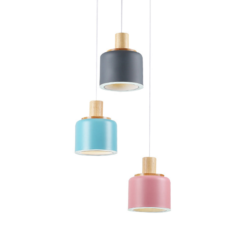 White Small Drum Cluster Pendant Light Minimalist 3 Heads Metallic Ceiling Hang Fixture with Wood Top Clearhalo 'Ceiling Lights' 'Modern Pendants' 'Modern' 'Pendant Lights' 'Pendants' Lighting' 506306