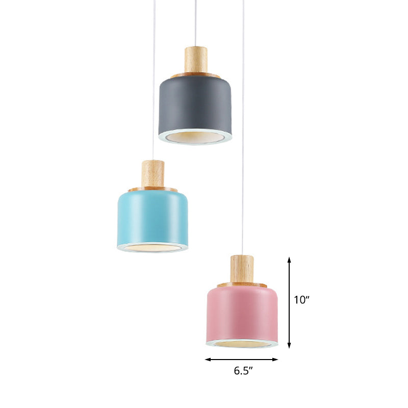 White Small Drum Cluster Pendant Light Minimalist 3 Heads Metallic Ceiling Hang Fixture with Wood Top Clearhalo 'Ceiling Lights' 'Modern Pendants' 'Modern' 'Pendant Lights' 'Pendants' Lighting' 506307