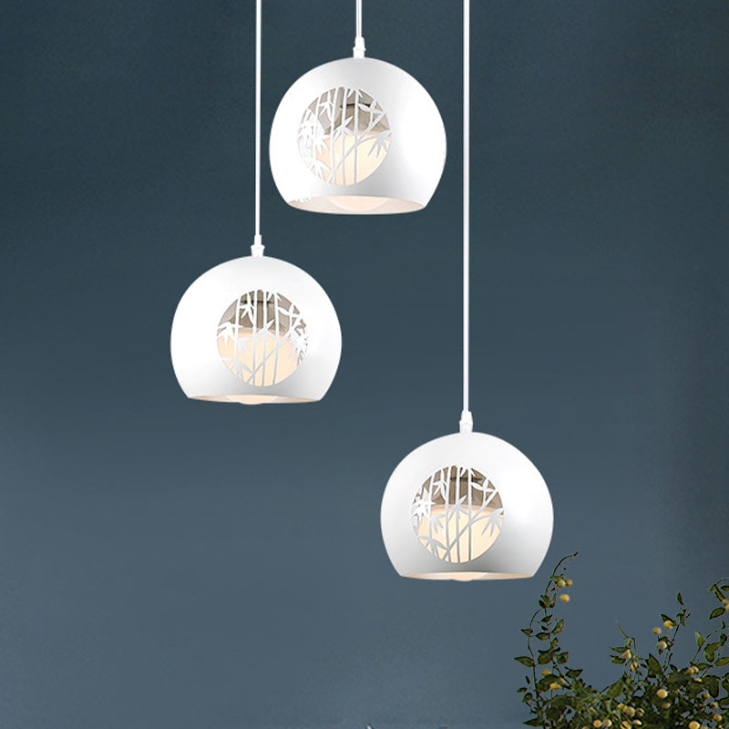 Modernist Global Multi Light Pendant Iron 3-Light Dining Room Hanging Lamp in White with Laser Cut Bamboo Pattern Clearhalo 'Ceiling Lights' 'Modern Pendants' 'Modern' 'Pendant Lights' 'Pendants' Lighting' 506314