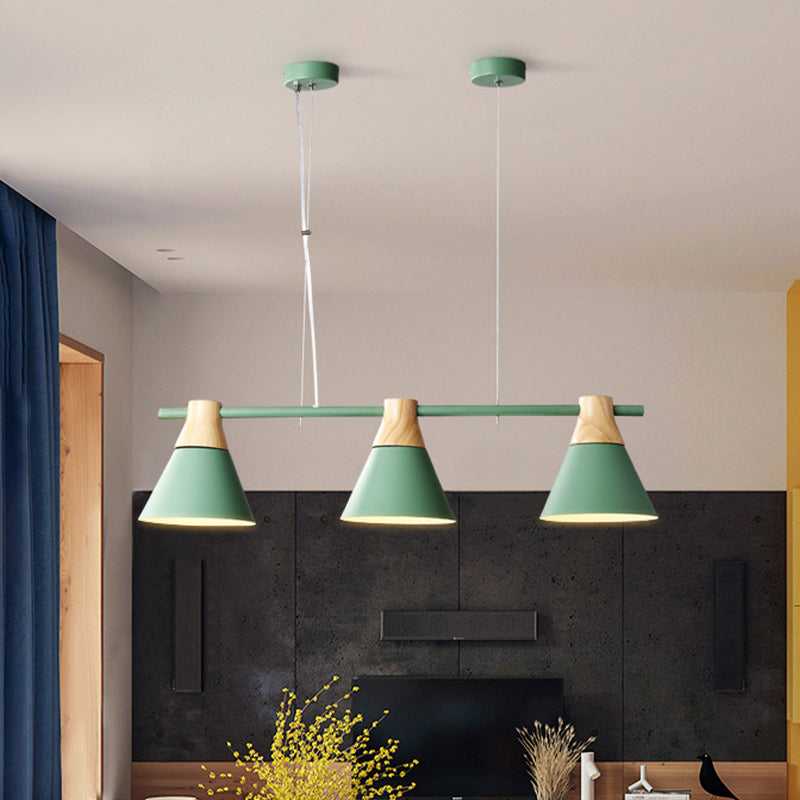 Cone Dining Room Suspension Light Iron 3 Bulbs Modern Multi Lamp Pendant in Yellow/Blue/Green with Linear Design Green Clearhalo 'Ceiling Lights' 'Modern Pendants' 'Modern' 'Pendant Lights' 'Pendants' Lighting' 506323