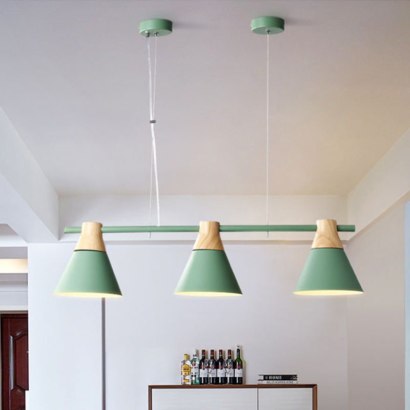 Cone Dining Room Suspension Light Iron 3 Bulbs Modern Multi Lamp Pendant in Yellow/Blue/Green with Linear Design Clearhalo 'Ceiling Lights' 'Modern Pendants' 'Modern' 'Pendant Lights' 'Pendants' Lighting' 506325