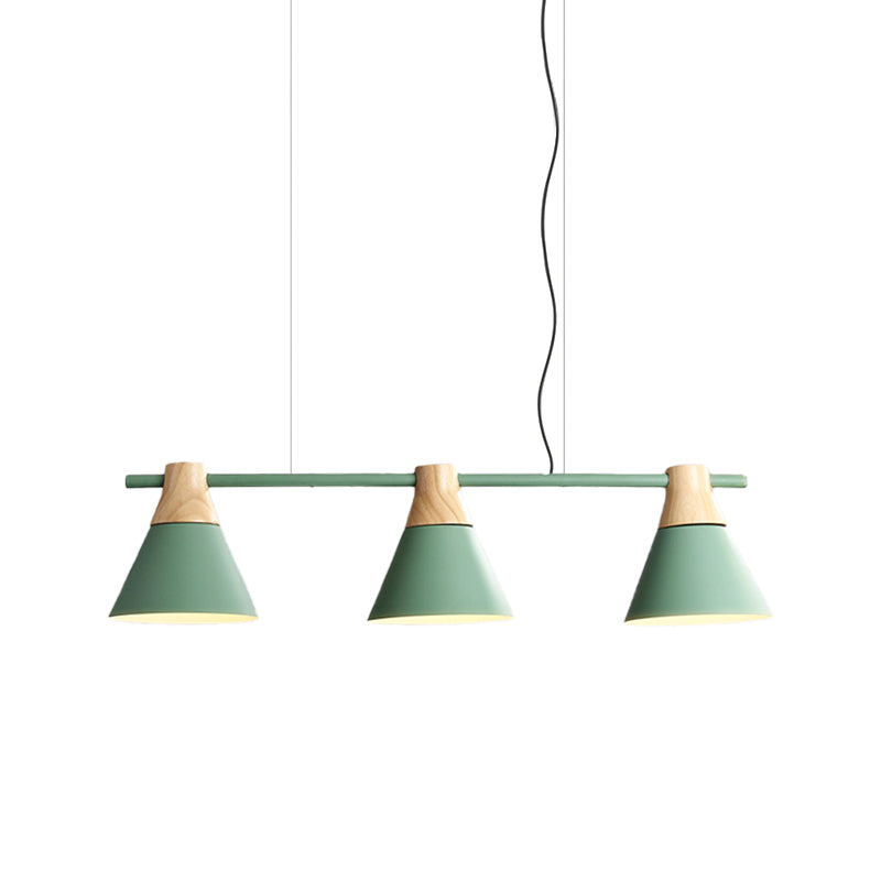 Cone Dining Room Suspension Light Iron 3 Bulbs Modern Multi Lamp Pendant in Yellow/Blue/Green with Linear Design Clearhalo 'Ceiling Lights' 'Modern Pendants' 'Modern' 'Pendant Lights' 'Pendants' Lighting' 506326