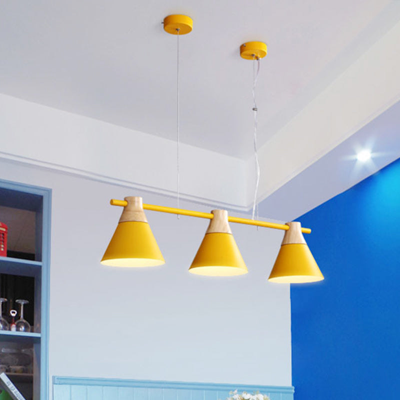 Cone Dining Room Suspension Light Iron 3 Bulbs Modern Multi Lamp Pendant in Yellow/Blue/Green with Linear Design Clearhalo 'Ceiling Lights' 'Modern Pendants' 'Modern' 'Pendant Lights' 'Pendants' Lighting' 506329