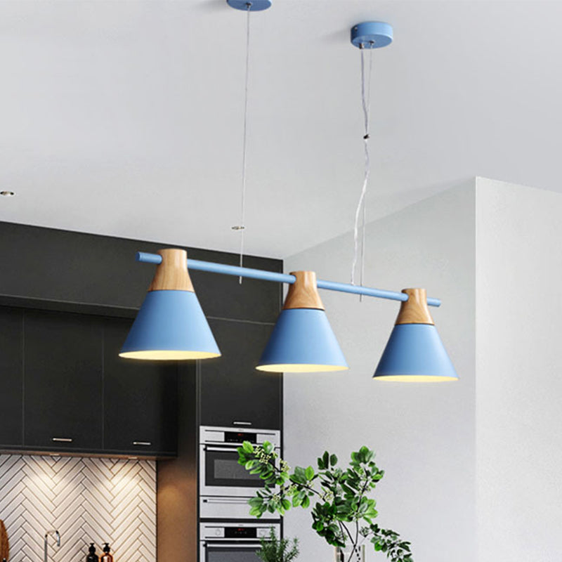 Cone Dining Room Suspension Light Iron 3 Bulbs Modern Multi Lamp Pendant in Yellow/Blue/Green with Linear Design Clearhalo 'Ceiling Lights' 'Modern Pendants' 'Modern' 'Pendant Lights' 'Pendants' Lighting' 506332