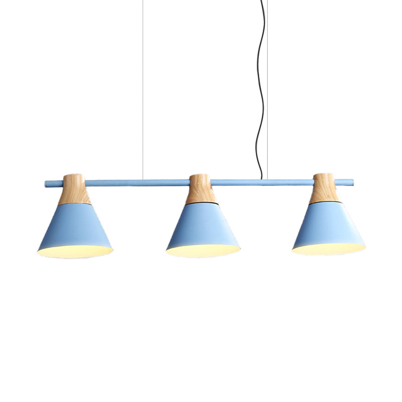 Cone Dining Room Suspension Light Iron 3 Bulbs Modern Multi Lamp Pendant in Yellow/Blue/Green with Linear Design Clearhalo 'Ceiling Lights' 'Modern Pendants' 'Modern' 'Pendant Lights' 'Pendants' Lighting' 506333