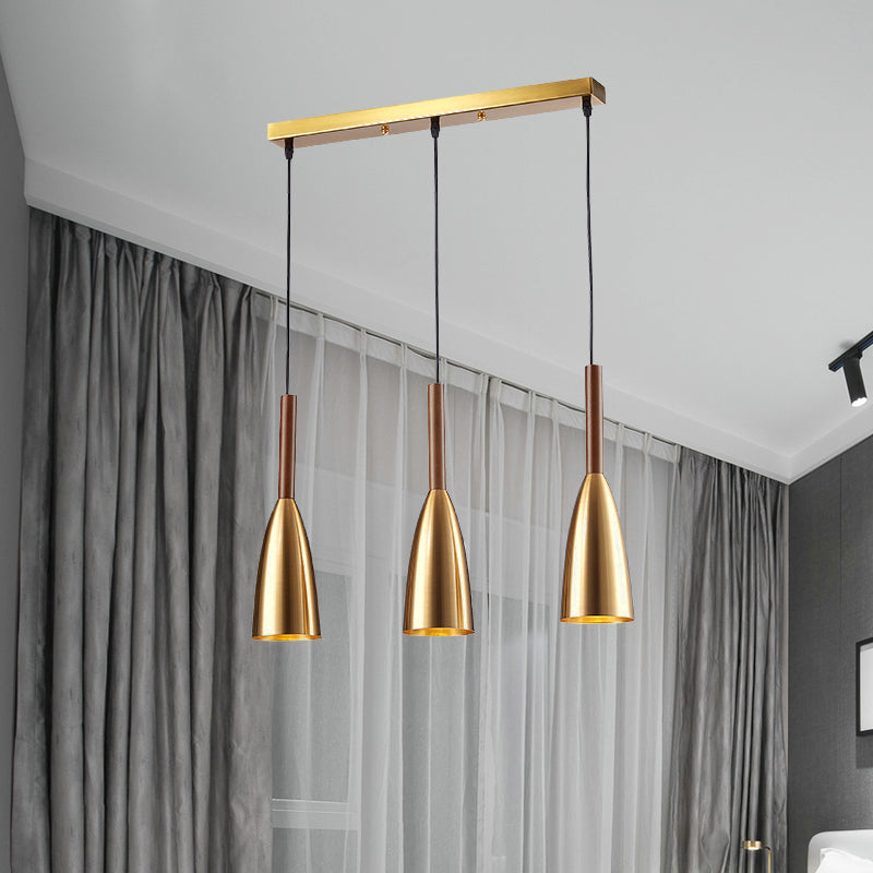 Gold Bullet Cluster Pendant Light Modern Style 3-Bulb Metal Ceiling Light with Linear Canopy Gold Clearhalo 'Ceiling Lights' 'Modern Pendants' 'Modern' 'Pendant Lights' 'Pendants' Lighting' 506359