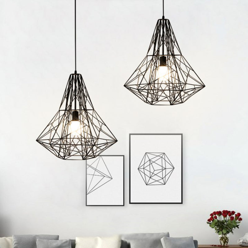 Industrial Cage Diamond Pendant Lighting 1 Head Metallic Hanging Lamp in Black/White for Dining Room, 16"/19.5" Dia Black 19.5" Clearhalo 'Art Deco Pendants' 'Black' 'Cast Iron' 'Ceiling Lights' 'Ceramic' 'Crystal' 'Industrial Pendants' 'Industrial' 'Metal' 'Middle Century Pendants' 'Pendant Lights' 'Pendants' 'Rustic Pendants' 'Tiffany' Lighting' 5097