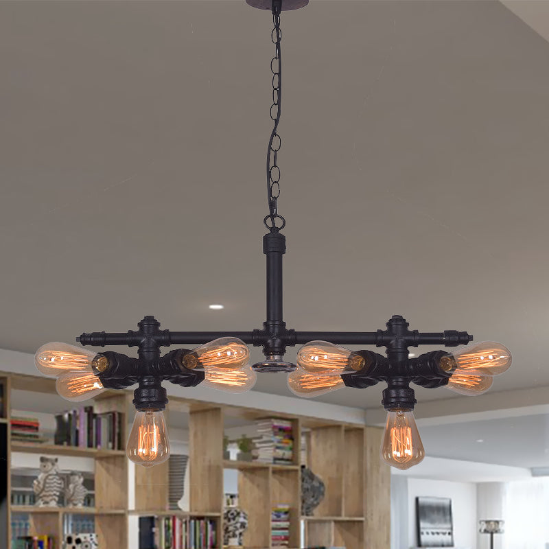 10 Bulbs Iron Ceiling Chandelier Vintage Black Radial Pipe Living Room Suspended Pendant Light Clearhalo 'Cast Iron' 'Ceiling Lights' 'Chandeliers' 'Industrial Chandeliers' 'Industrial' 'Metal' 'Middle Century Chandeliers' 'Rustic Chandeliers' 'Tiffany' Lighting' 510730