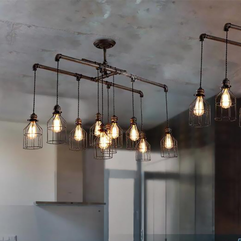 6/10 Bulbs Island Pendant Light Industrial Cage Iron Hanging Lamp Fixture in Aged Silver with Double Pipe Rod 10 Aged Silver Clearhalo 'Ceiling Lights' 'Island Lights' Lighting' 510747