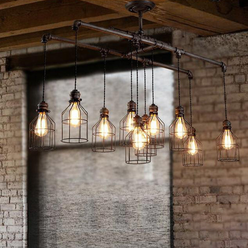 6/10 Bulbs Island Pendant Light Industrial Cage Iron Hanging Lamp Fixture in Aged Silver with Double Pipe Rod Clearhalo 'Ceiling Lights' 'Island Lights' Lighting' 510748