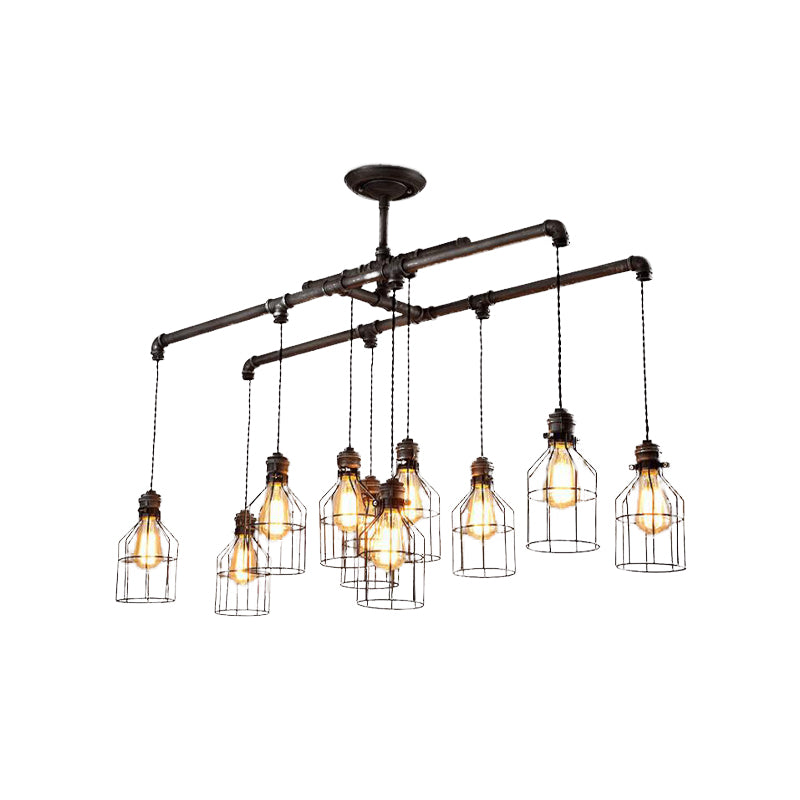 6/10 Bulbs Island Pendant Light Industrial Cage Iron Hanging Lamp Fixture in Aged Silver with Double Pipe Rod Clearhalo 'Ceiling Lights' 'Island Lights' Lighting' 510749