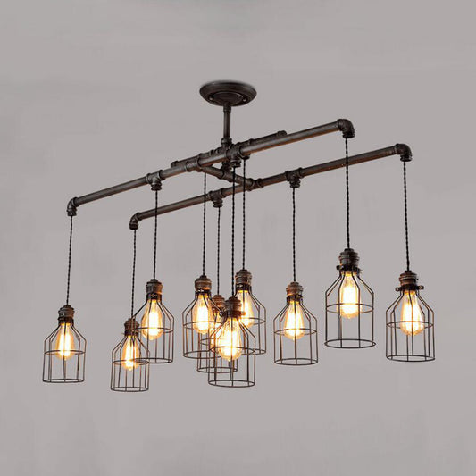 6/10 Bulbs Island Pendant Light Industrial Cage Iron Hanging Lamp Fixture in Aged Silver with Double Pipe Rod Clearhalo 'Ceiling Lights' 'Island Lights' Lighting' 510750