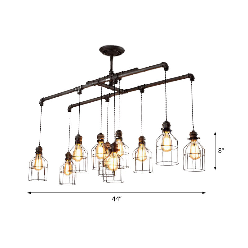 6/10 Bulbs Island Pendant Light Industrial Cage Iron Hanging Lamp Fixture in Aged Silver with Double Pipe Rod Clearhalo 'Ceiling Lights' 'Island Lights' Lighting' 510751