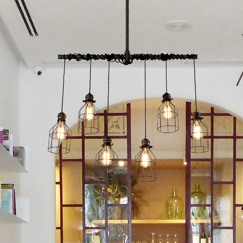 6/10 Bulbs Island Pendant Light Industrial Cage Iron Hanging Lamp Fixture in Aged Silver with Double Pipe Rod Clearhalo 'Ceiling Lights' 'Island Lights' Lighting' 510753