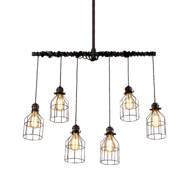 6/10 Bulbs Island Pendant Light Industrial Cage Iron Hanging Lamp Fixture in Aged Silver with Double Pipe Rod Clearhalo 'Ceiling Lights' 'Island Lights' Lighting' 510754