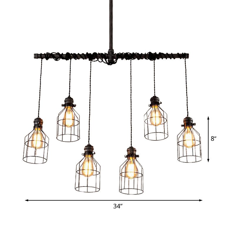 6/10 Bulbs Island Pendant Light Industrial Cage Iron Hanging Lamp Fixture in Aged Silver with Double Pipe Rod Clearhalo 'Ceiling Lights' 'Island Lights' Lighting' 510755