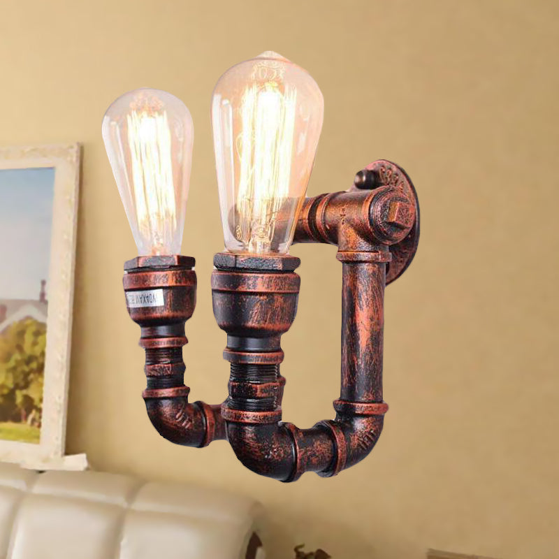 Antiqued Piping Wall Mount Light 2 Lights Metal Sconce Lamp Fixture in Copper for Stairway Clearhalo 'Art deco wall lights' 'Cast Iron' 'Glass' 'Industrial wall lights' 'Industrial' 'Middle century wall lights' 'Modern' 'Rustic wall lights' 'Tiffany' 'Traditional wall lights' 'Wall Lamps & Sconces' 'Wall Lights' Lighting' 510762