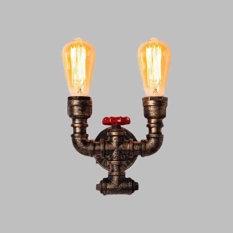 Pipe and Valve Metallic Sconce Lighting Industrial 2 Bulbs Corridor Wall-Mount Lamp in Brass Clearhalo 'Art deco wall lights' 'Cast Iron' 'Glass' 'Industrial wall lights' 'Industrial' 'Middle century wall lights' 'Modern' 'Rustic wall lights' 'Tiffany' 'Traditional wall lights' 'Wall Lamps & Sconces' 'Wall Lights' Lighting' 510769