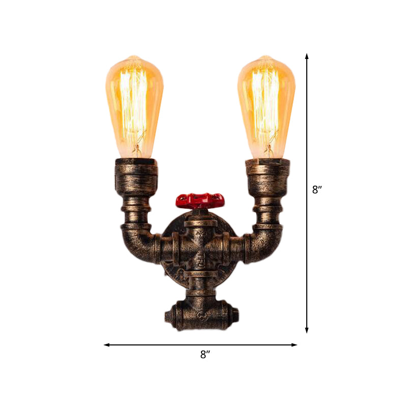 Pipe and Valve Metallic Sconce Lighting Industrial 2 Bulbs Corridor Wall-Mount Lamp in Brass Clearhalo 'Art deco wall lights' 'Cast Iron' 'Glass' 'Industrial wall lights' 'Industrial' 'Middle century wall lights' 'Modern' 'Rustic wall lights' 'Tiffany' 'Traditional wall lights' 'Wall Lamps & Sconces' 'Wall Lights' Lighting' 510770