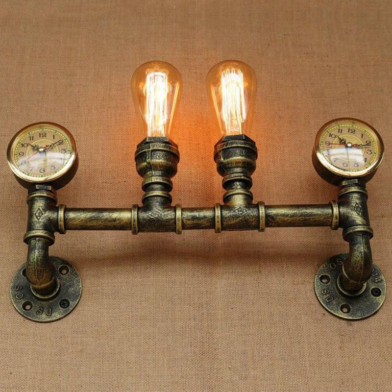 Iron Brass Finish Wall Mount Lamp Pipe and Gauge 2 Lights Farmhouse Wall Mount Sconce Light Brass Clearhalo 'Art deco wall lights' 'Cast Iron' 'Glass' 'Industrial wall lights' 'Industrial' 'Middle century wall lights' 'Modern' 'Rustic wall lights' 'Tiffany' 'Traditional wall lights' 'Wall Lamps & Sconces' 'Wall Lights' Lighting' 510776