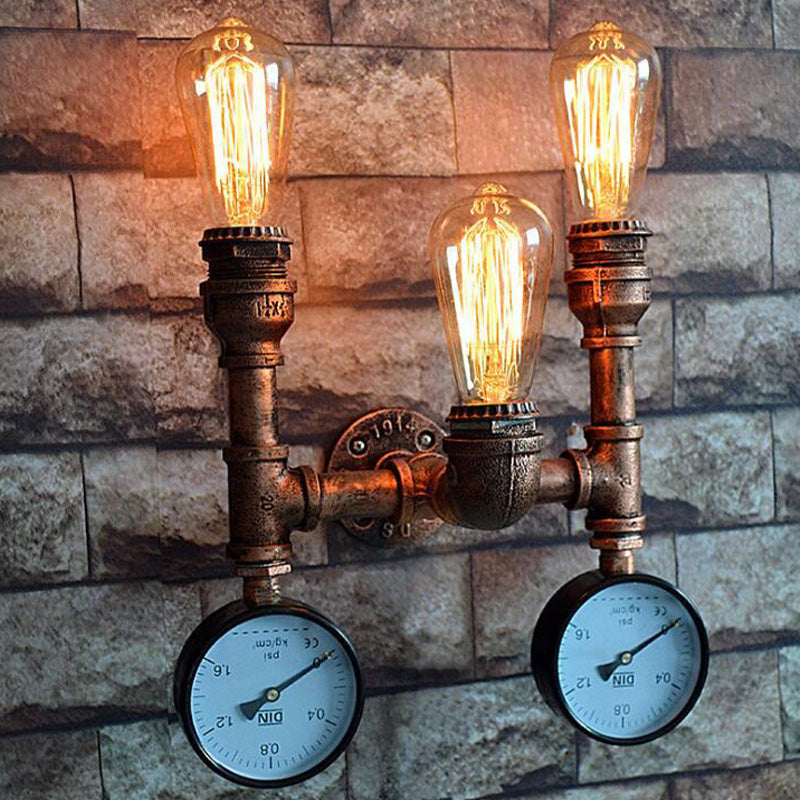3 Bulbs Wall Light Fixture Vintage Water Pipe Metal Wall Sconce Lamp in Copper with 2-Gauge Deco Clearhalo 'Art deco wall lights' 'Cast Iron' 'Glass' 'Industrial wall lights' 'Industrial' 'Middle century wall lights' 'Modern' 'Rustic wall lights' 'Tiffany' 'Traditional wall lights' 'Wall Lamps & Sconces' 'Wall Lights' Lighting' 510787