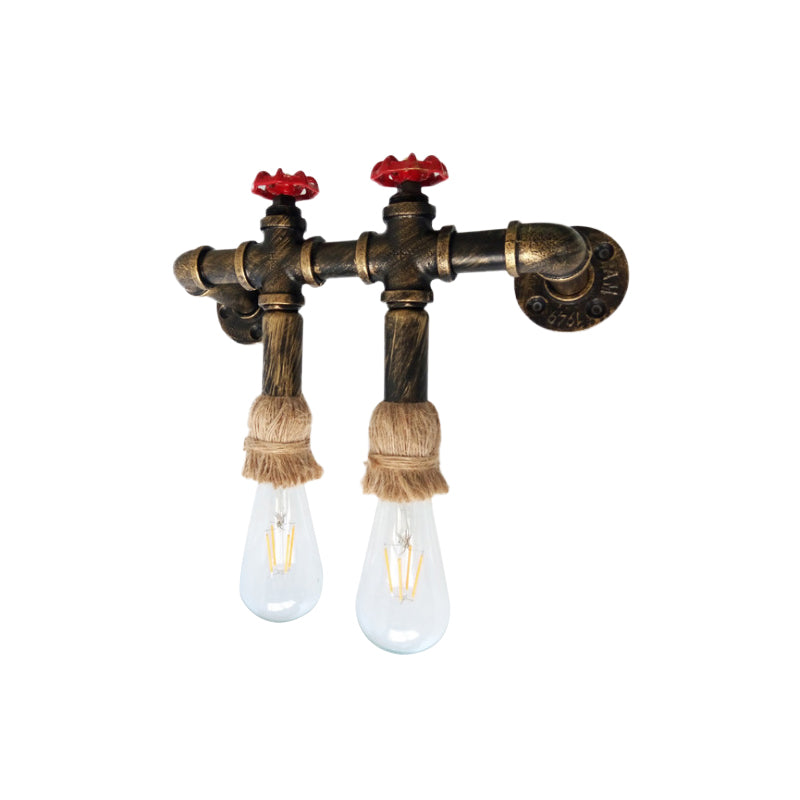 Antique Brass 2-Head Sconce Lighting Industrial Metal Water Pipe and Valve Wall Mount Lamp with Rope Top Clearhalo 'Art deco wall lights' 'Cast Iron' 'Glass' 'Industrial wall lights' 'Industrial' 'Middle century wall lights' 'Modern' 'Rustic wall lights' 'Tiffany' 'Traditional wall lights' 'Wall Lamps & Sconces' 'Wall Lights' Lighting' 510798
