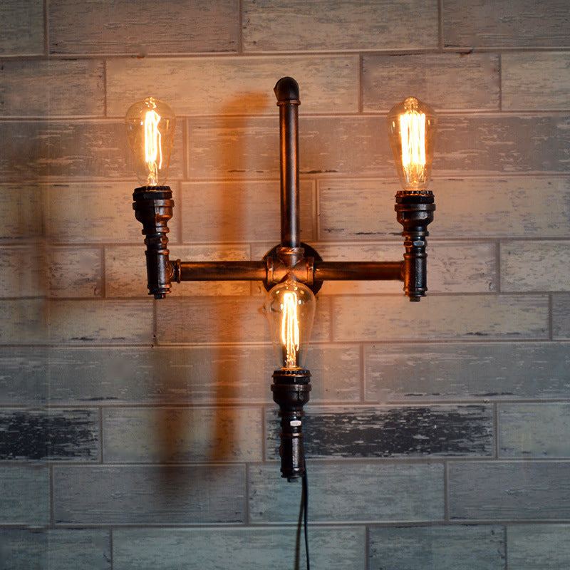 Farmhouse Crossing Pipe Sconce Lighting 3 Bulbs Metallic Wall-Mounted Lamp in Rust Rust Clearhalo 'Art deco wall lights' 'Cast Iron' 'Glass' 'Industrial wall lights' 'Industrial' 'Middle century wall lights' 'Modern' 'Rustic wall lights' 'Tiffany' 'Traditional wall lights' 'Wall Lamps & Sconces' 'Wall Lights' Lighting' 510806