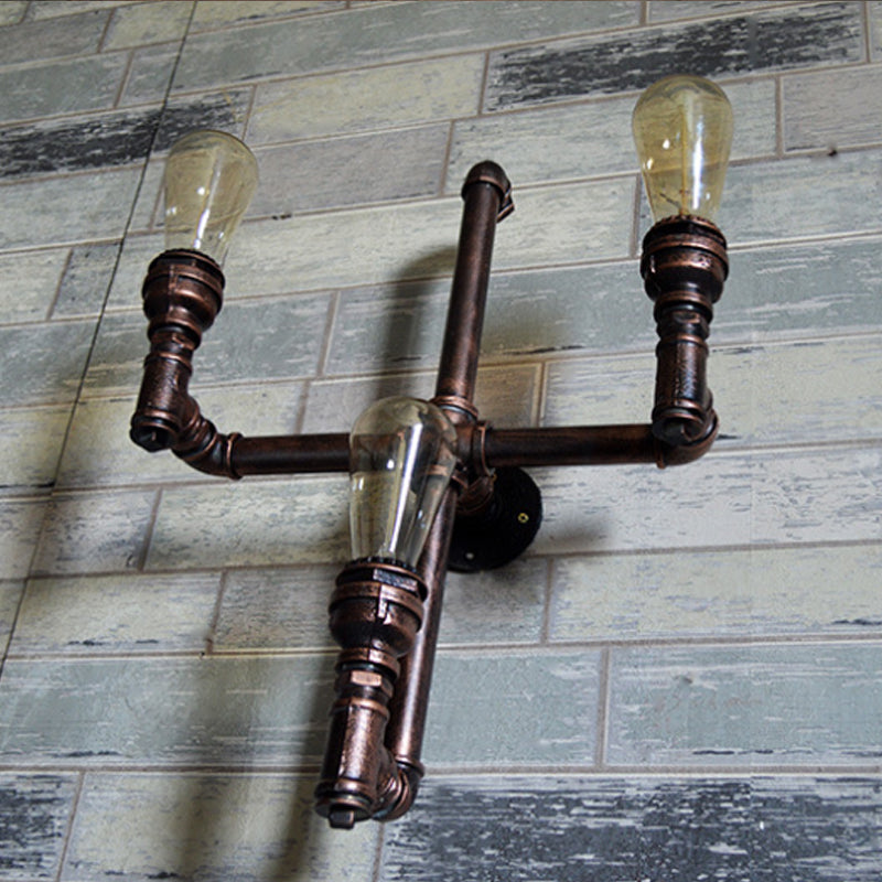 Farmhouse Crossing Pipe Sconce Lighting 3 Bulbs Metallic Wall-Mounted Lamp in Rust Clearhalo 'Art deco wall lights' 'Cast Iron' 'Glass' 'Industrial wall lights' 'Industrial' 'Middle century wall lights' 'Modern' 'Rustic wall lights' 'Tiffany' 'Traditional wall lights' 'Wall Lamps & Sconces' 'Wall Lights' Lighting' 510807