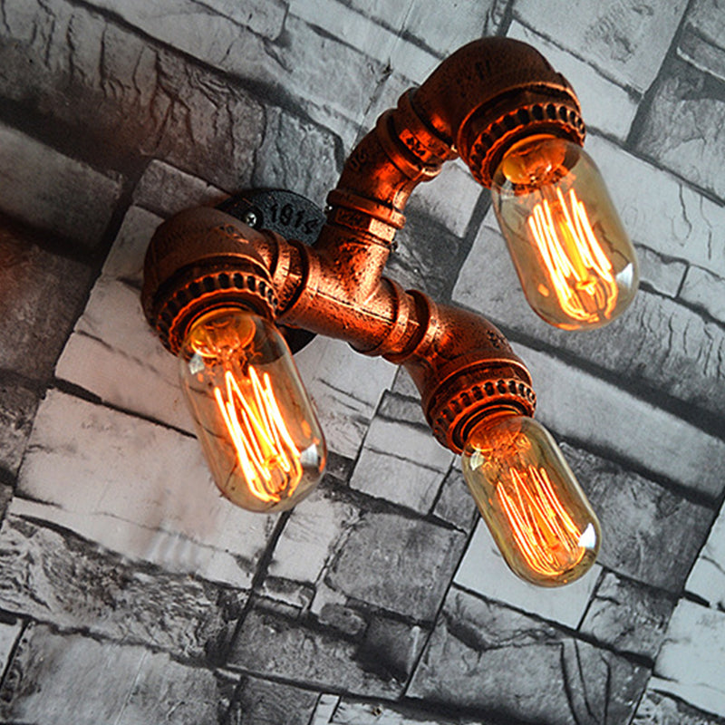 Brass 3-Bulb Wall Mount Sconce Antiqued Iron Water Pipe Wall Lighting Fixture for Corridor Brass Clearhalo 'Art deco wall lights' 'Cast Iron' 'Glass' 'Industrial wall lights' 'Industrial' 'Middle century wall lights' 'Modern' 'Rustic wall lights' 'Tiffany' 'Traditional wall lights' 'Wall Lamps & Sconces' 'Wall Lights' Lighting' 510816