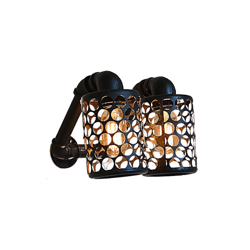 2 Lights Cylinder Sconce Farmhouse Black Finish Metallic Wall Mount Pipe Lamp with Hollow-Out Design Clearhalo 'Art deco wall lights' 'Cast Iron' 'Glass' 'Industrial wall lights' 'Industrial' 'Middle century wall lights' 'Modern' 'Rustic wall lights' 'Tiffany' 'Traditional wall lights' 'Wall Lamps & Sconces' 'Wall Lights' Lighting' 510834